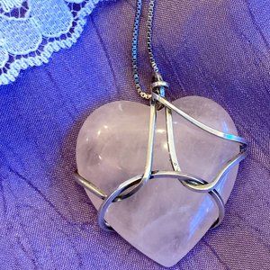 Pink Rose Quartz & Silver Heart Pendant Necklace